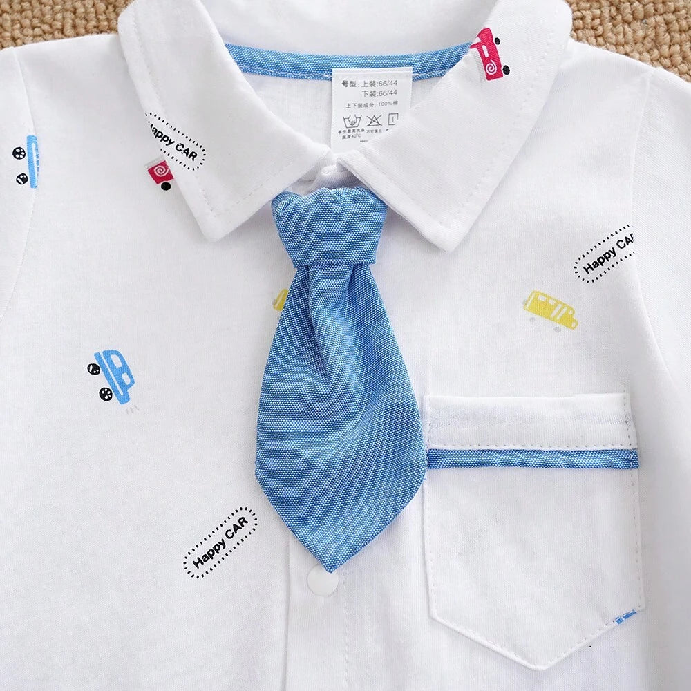Baby Boys Car Print Collar Romper - Ivory