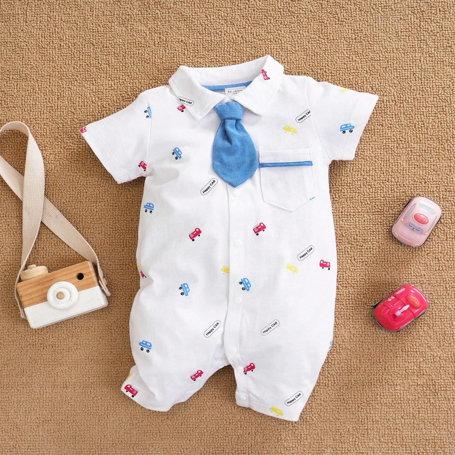 Baby Boys Car Print Collar Romper - Ivory
