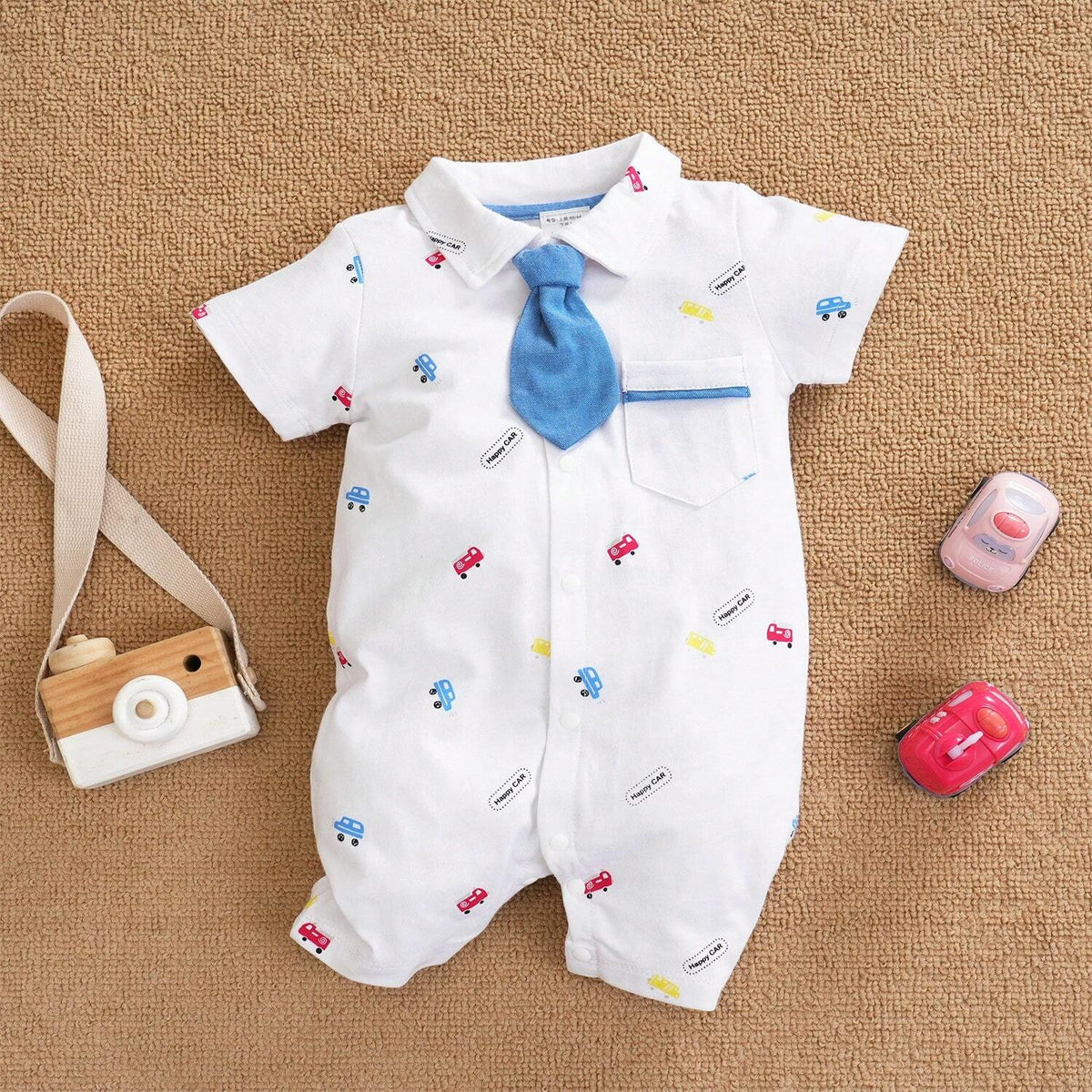 Baby Boys Car Print Collar Romper - Ivory