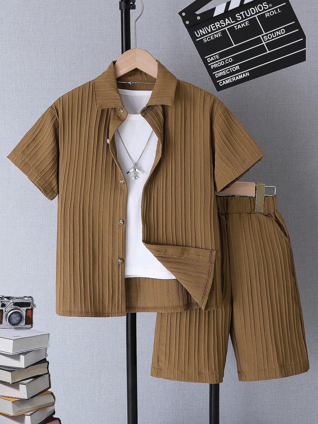2pcs Boys Textured Shirt & Shorts Co-ord Set - Khaki | 21 Century Kids