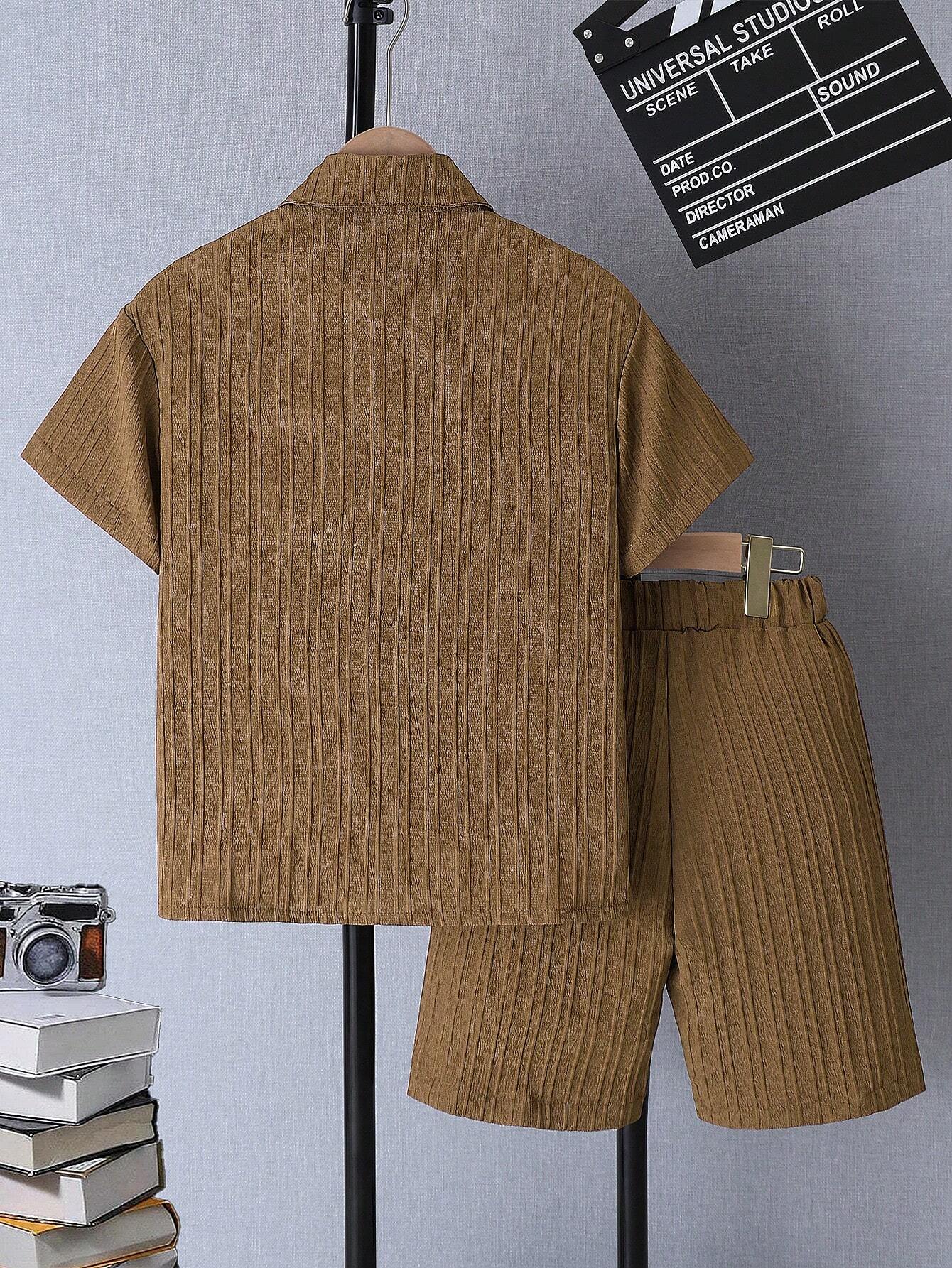 2pcs Boys Textured Shirt & Shorts Co-ord Set - Khaki | 21 Century Kids