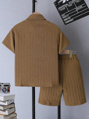 2pcs Boys Textured Shirt & Shorts Co-ord Set - Khaki | 21 Century Kids