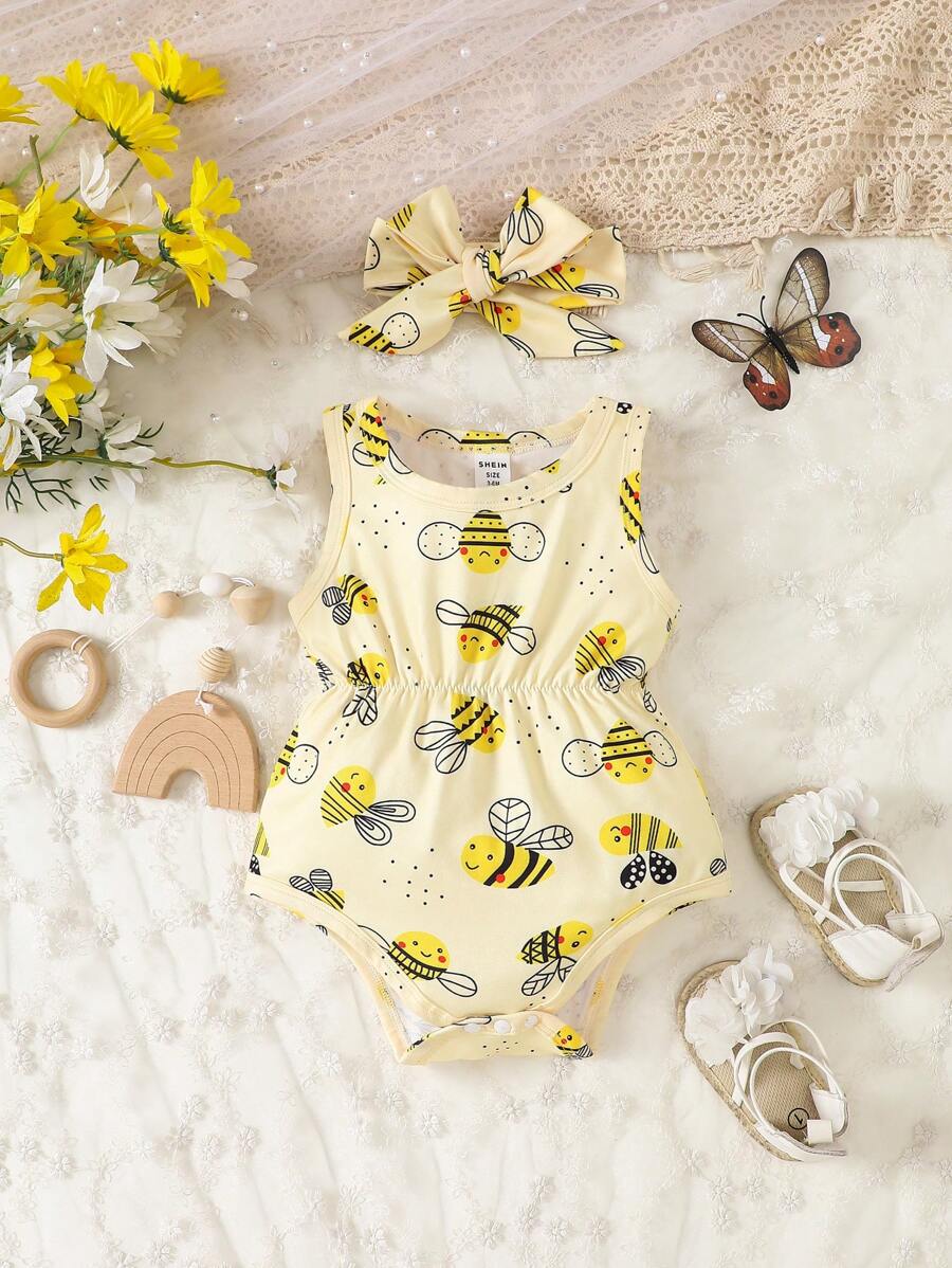 Girls Bee Print Sleeveless Snap-Crotch Bodysuit - Buttercup | 21 Ce...