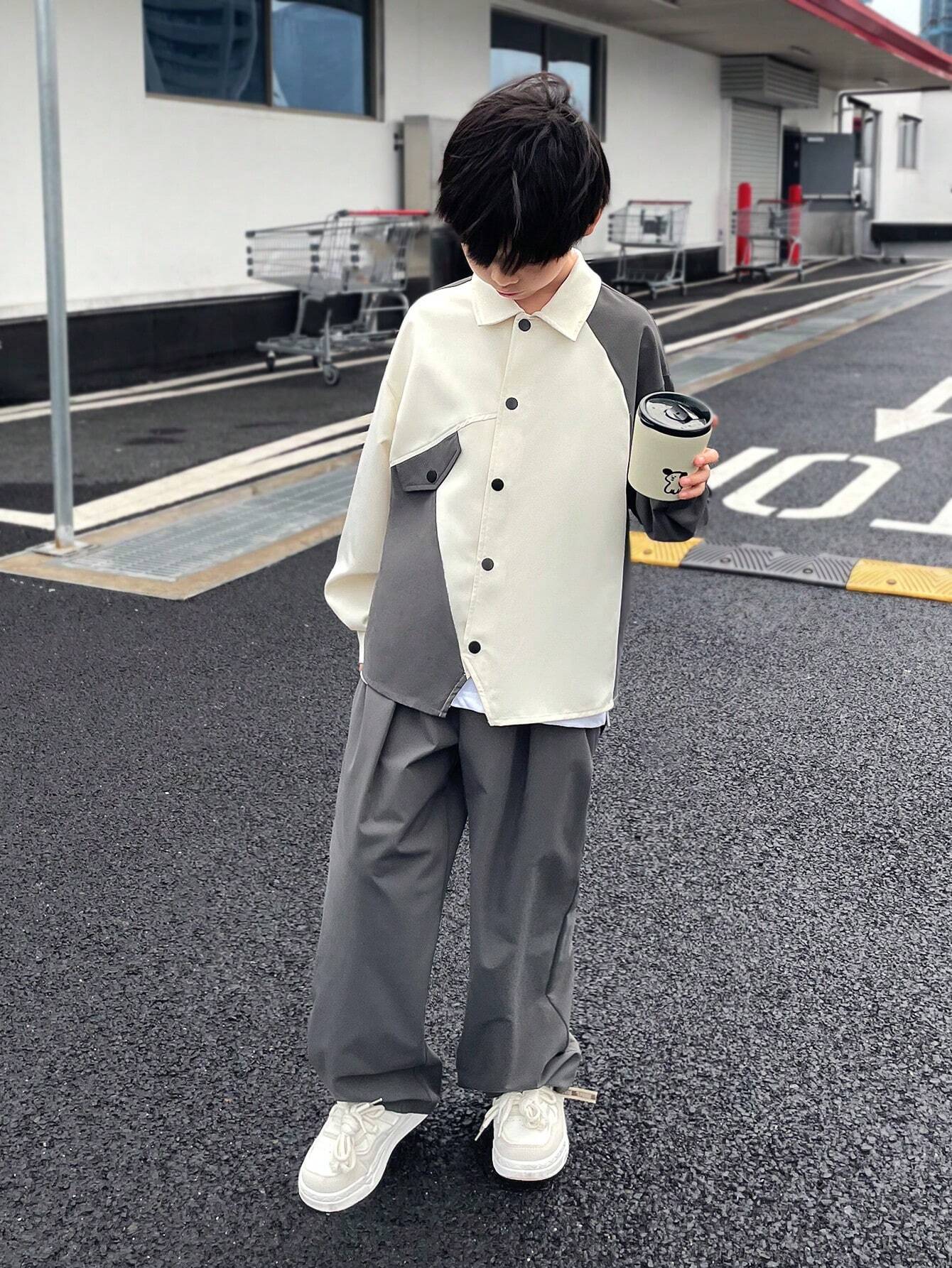 2pcs Big Boys Contrast Collar Cardigan & Pants Set - Ivory
