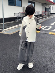 2pcs Big Boys Contrast Collar Cardigan & Pants Set - Ivory