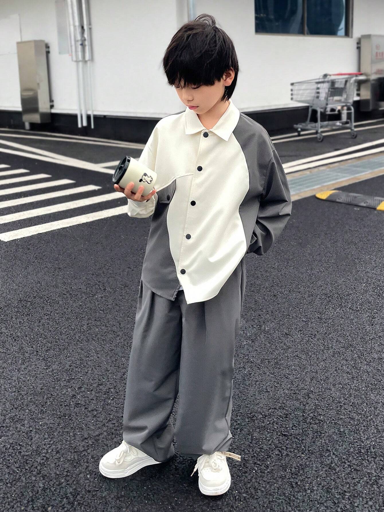 2pcs Big Boys Contrast Collar Cardigan & Pants Set - Ivory