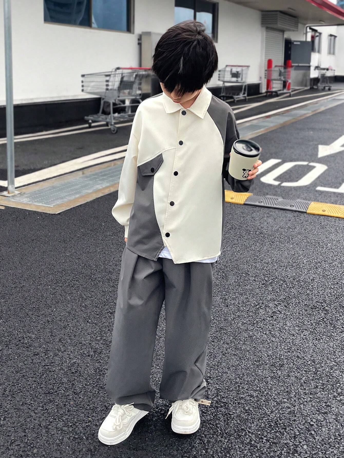 2pcs Big Boys Contrast Collar Cardigan & Pants Set - Ivory