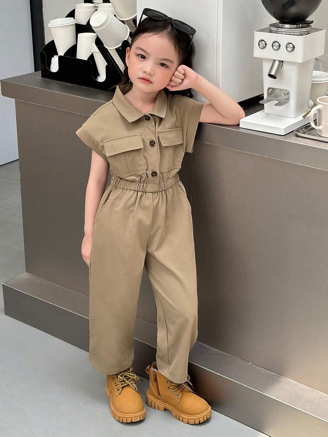 Little Girls Cargo Utility Jumpsuit - Khaki