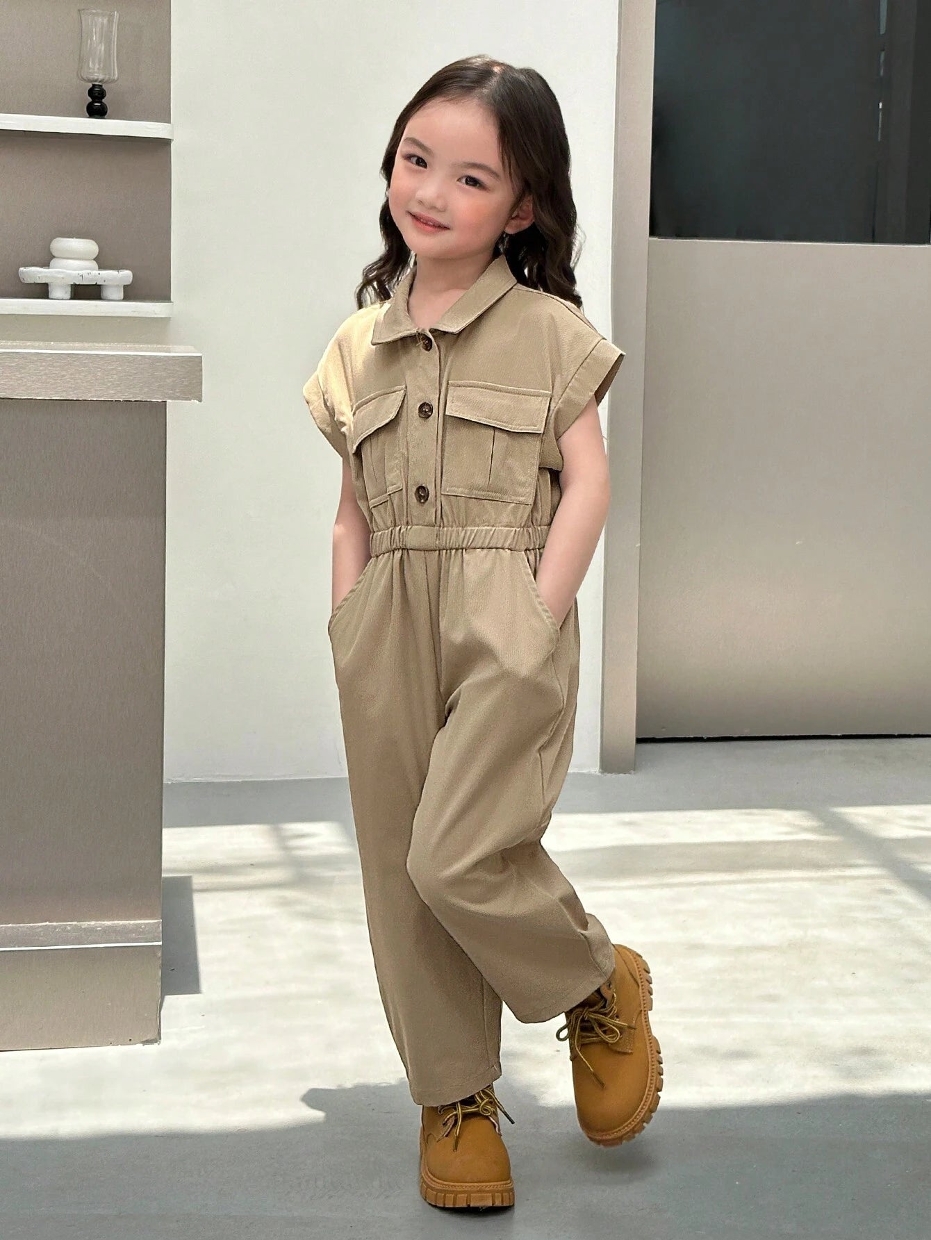 Little Girls Cargo Utility Jumpsuit - Khaki