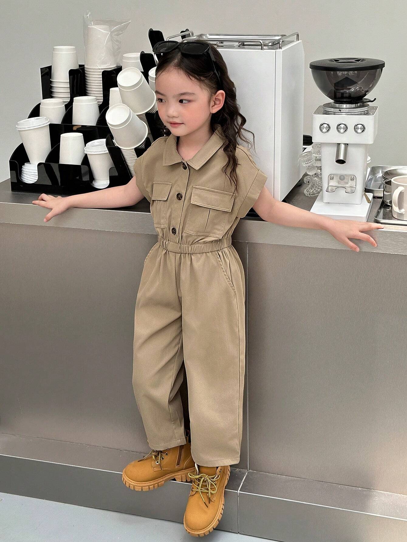 Little Girls Cargo Utility Jumpsuit - Khaki