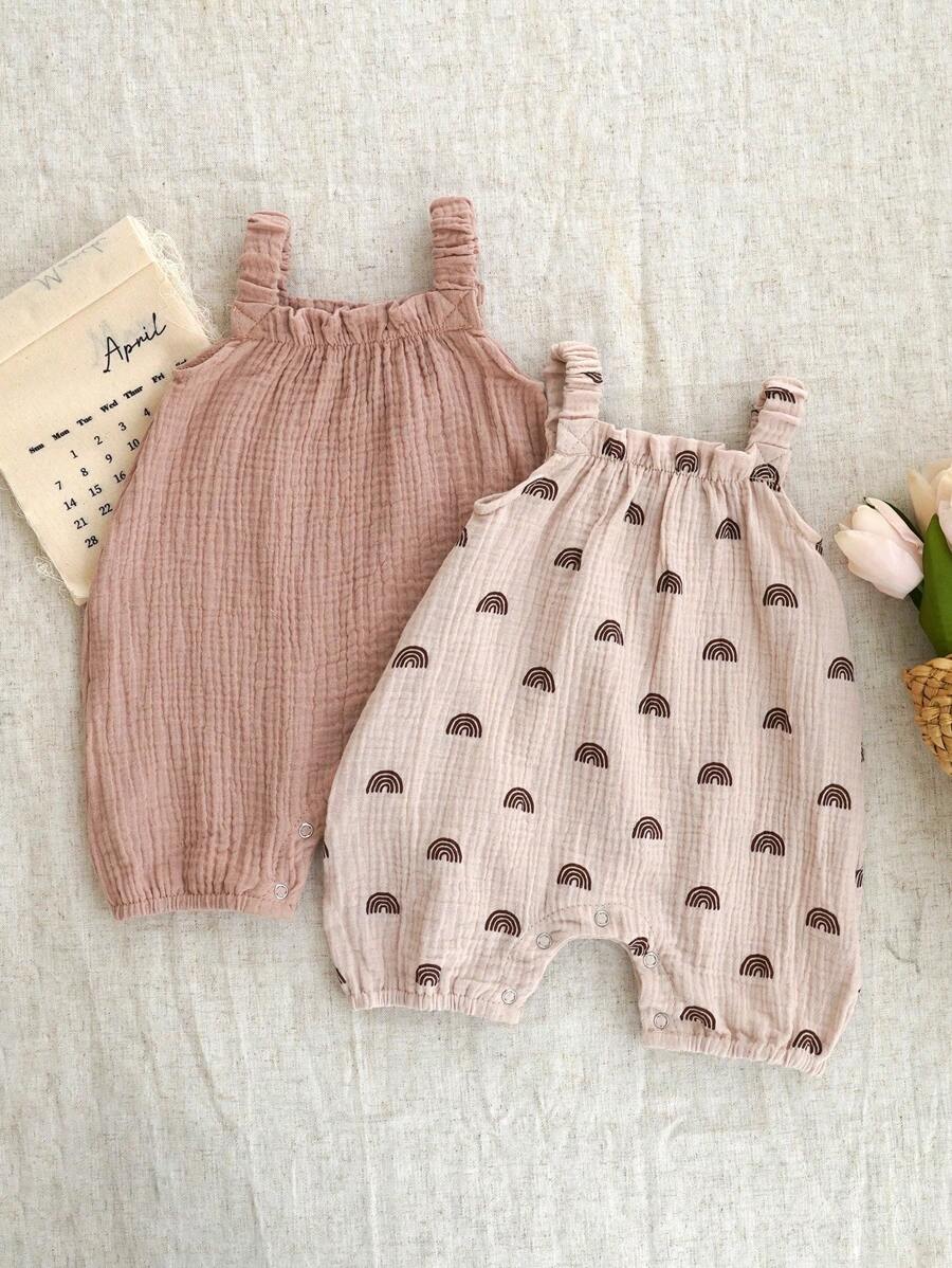 Baby Girls Rainbow Print Spaghetti Strap Romper - Blush