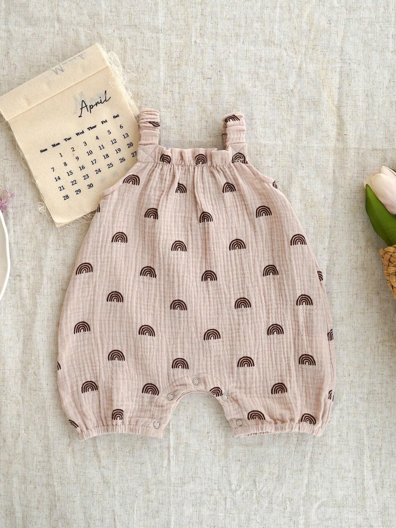 Baby Girls Rainbow Print Spaghetti Strap Romper - Blush