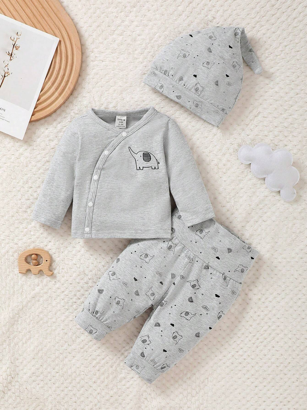 3pcs Baby Boys Elephant Print Kimono Shirt, Joggers & Hat Set - Sla...