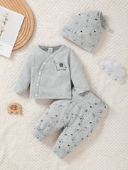 3pcs Baby Boys Elephant Print Kimono Shirt, Joggers & Hat Set - Sla...