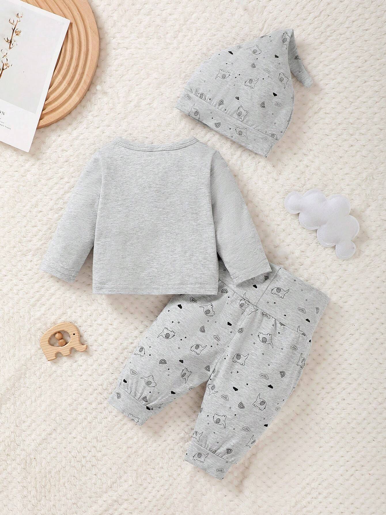 3pcs Baby Boys Elephant Print Kimono Shirt, Joggers & Hat Set - Sla...