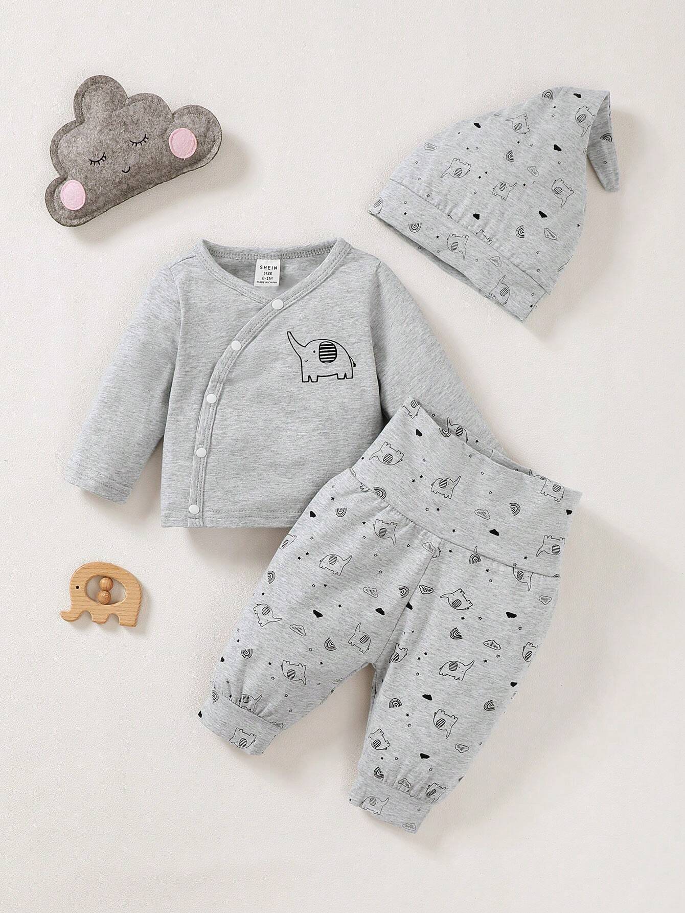 3pcs Baby Boys Elephant Print Kimono Shirt, Joggers & Hat Set - Sla...