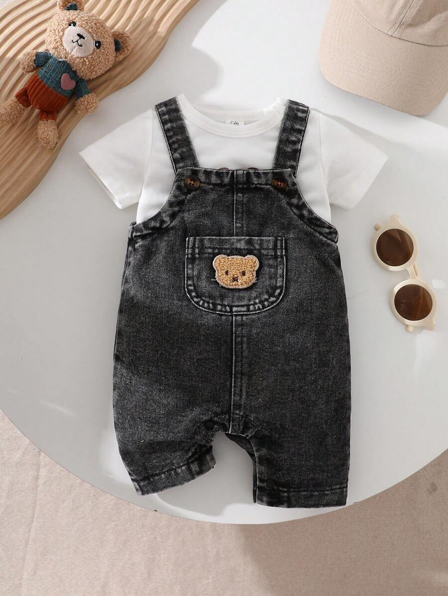 Little Boys Bear Patch Denim Dungaree Shorts - Wenge