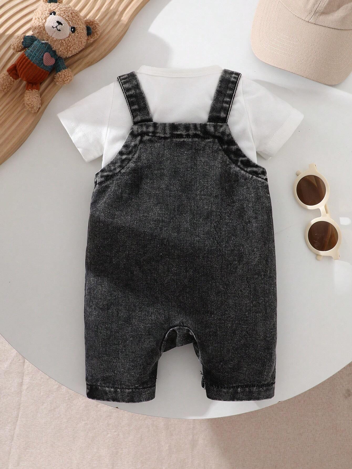Little Boys Bear Patch Denim Dungaree Shorts - Wenge