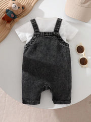 Little Boys Bear Patch Denim Dungaree Shorts - Wenge