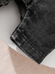 Little Boys Bear Patch Denim Dungaree Shorts - Wenge