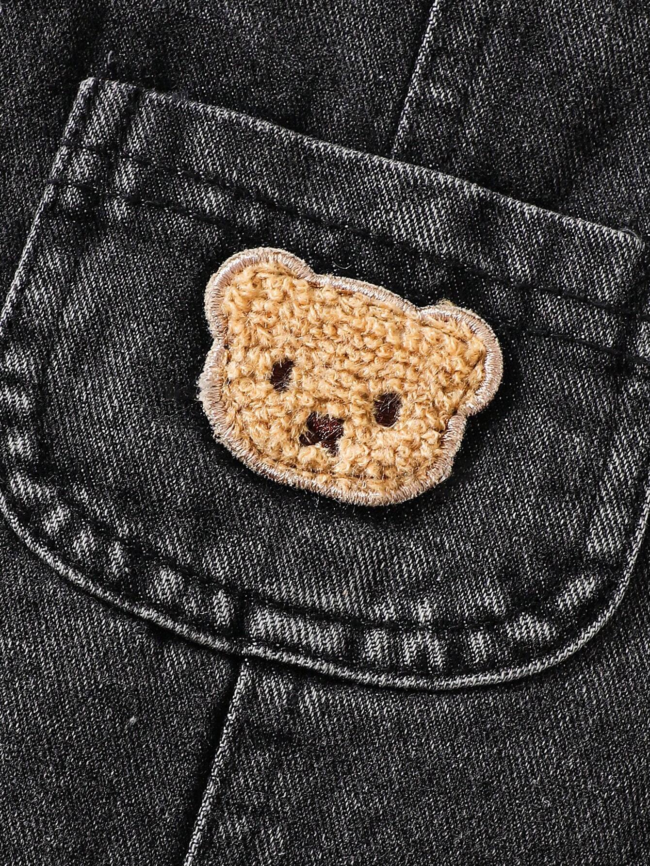 Little Boys Bear Patch Denim Dungaree Shorts - Wenge