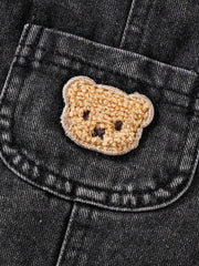 Little Boys Bear Patch Denim Dungaree Shorts - Wenge