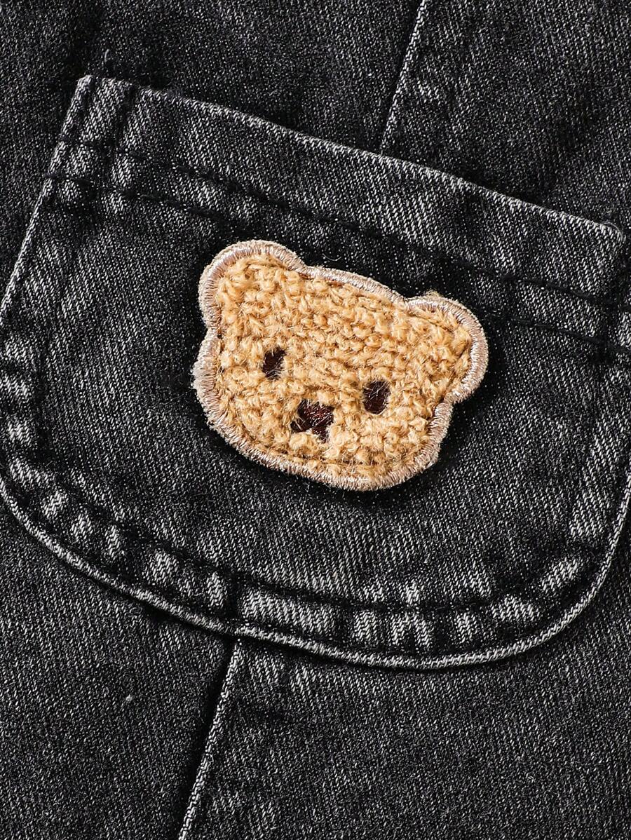 Little Boys Bear Patch Denim Dungaree Shorts - Wenge