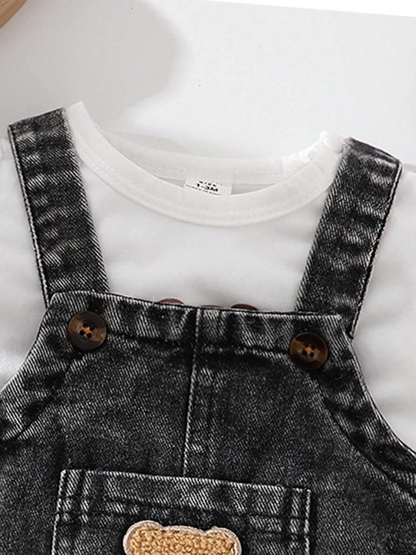 Little Boys Bear Patch Denim Dungaree Shorts - Wenge