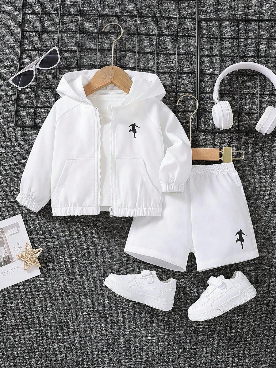 2pcs Boys Athlete Silhouette Zip-Up Hoodie & Shorts Set - Ivory | 2...