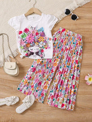 2pcs Little Girls Floral Graphic Knotted Tee & Pleated Wide-Leg Pan...