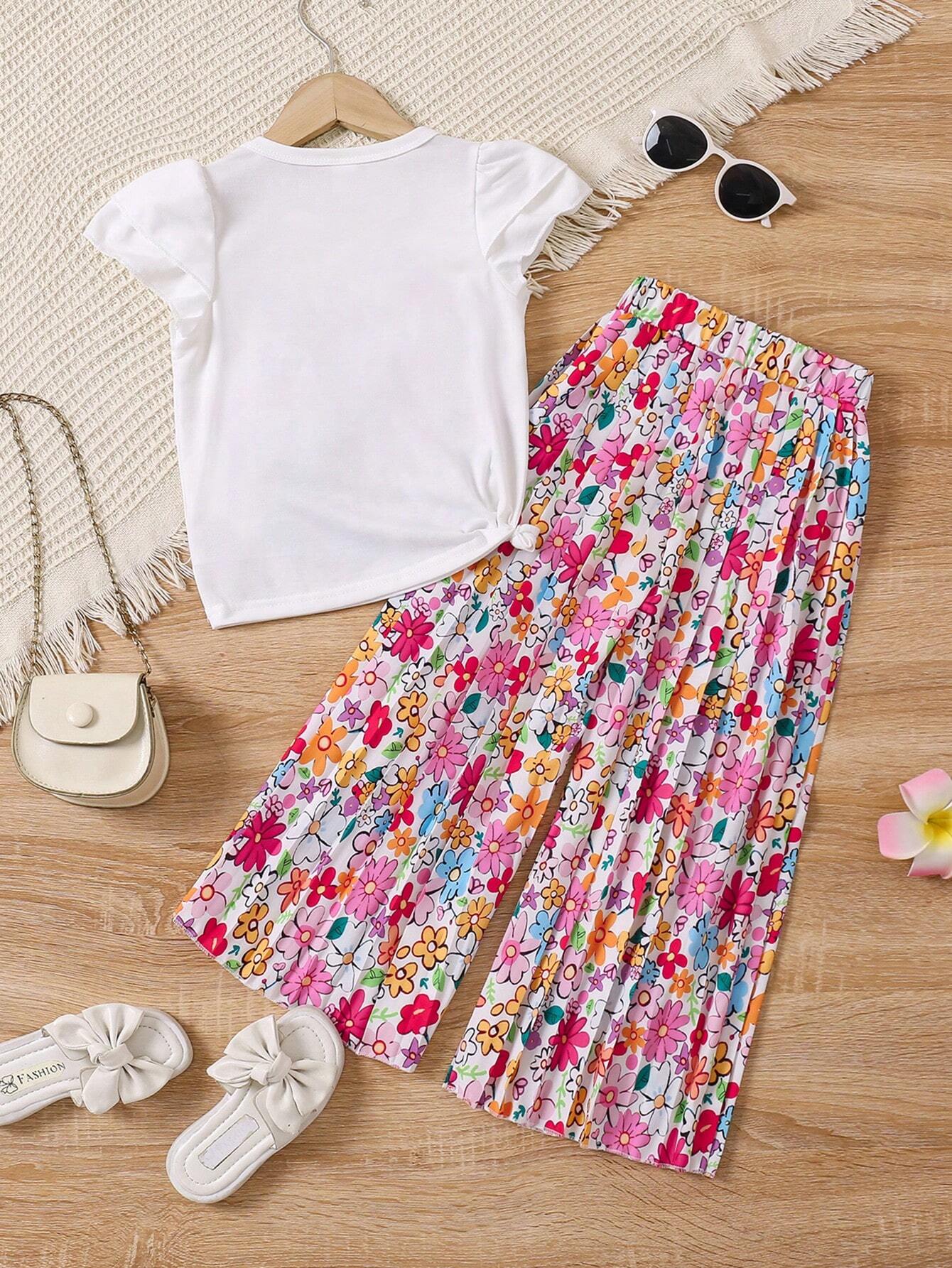 2pcs Little Girls Floral Graphic Knotted Tee & Pleated Wide-Leg Pan...