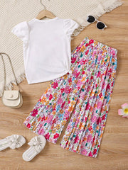 2pcs Little Girls Floral Graphic Knotted Tee & Pleated Wide-Leg Pan...