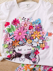 2pcs Little Girls Floral Graphic Knotted Tee & Pleated Wide-Leg Pan...