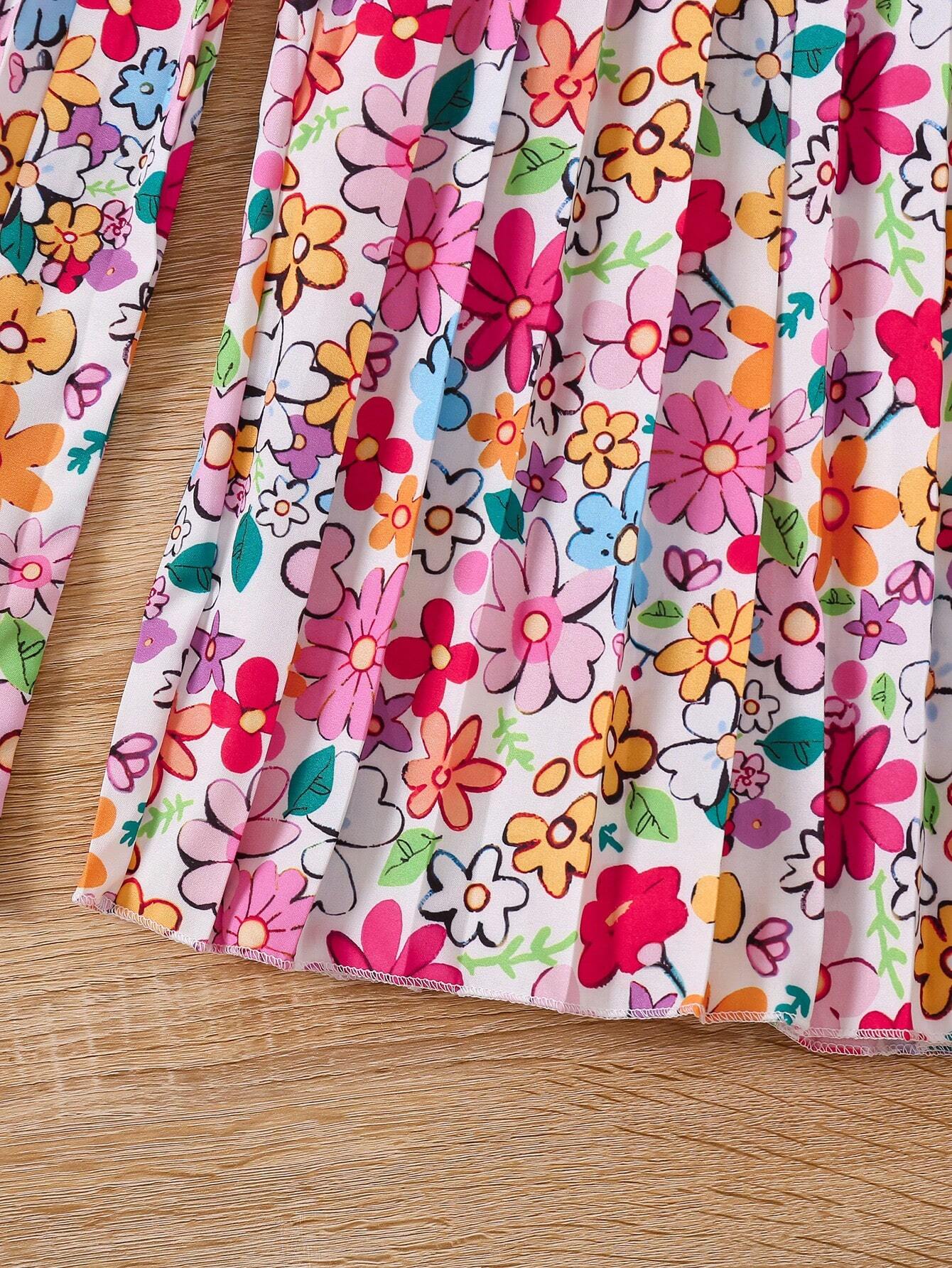 2pcs Little Girls Floral Graphic Knotted Tee & Pleated Wide-Leg Pan...