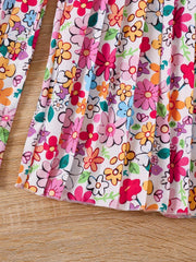 2pcs Little Girls Floral Graphic Knotted Tee & Pleated Wide-Leg Pan...