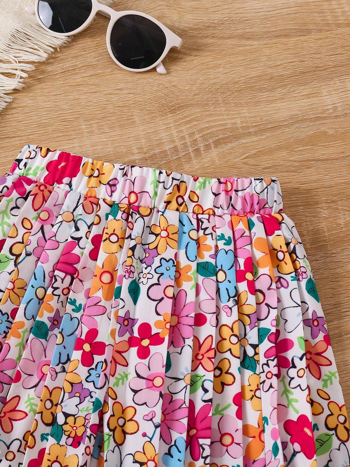 2pcs Little Girls Floral Graphic Knotted Tee & Pleated Wide-Leg Pan...