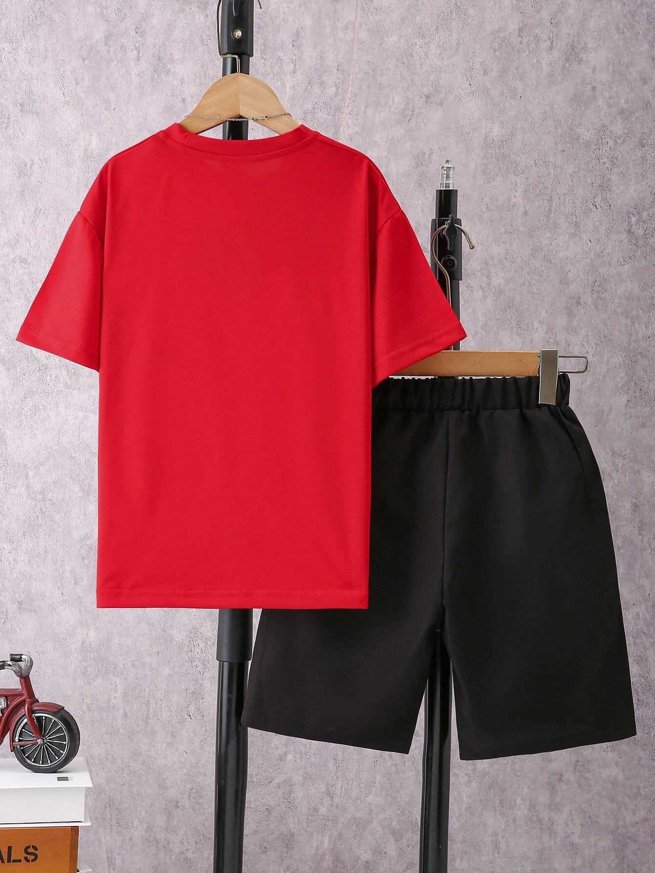 2pcs Boys Cargo Pocket Tee & Shorts Set - Crimson