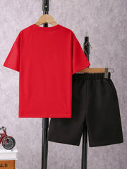 2pcs Boys Cargo Pocket Tee & Shorts Set - Crimson