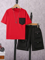2pcs Boys Cargo Pocket Tee & Shorts Set - Crimson