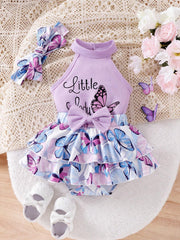 3pcs Girls Butterfly Print Halter Top & Tiered Skirt Set - Lavender...