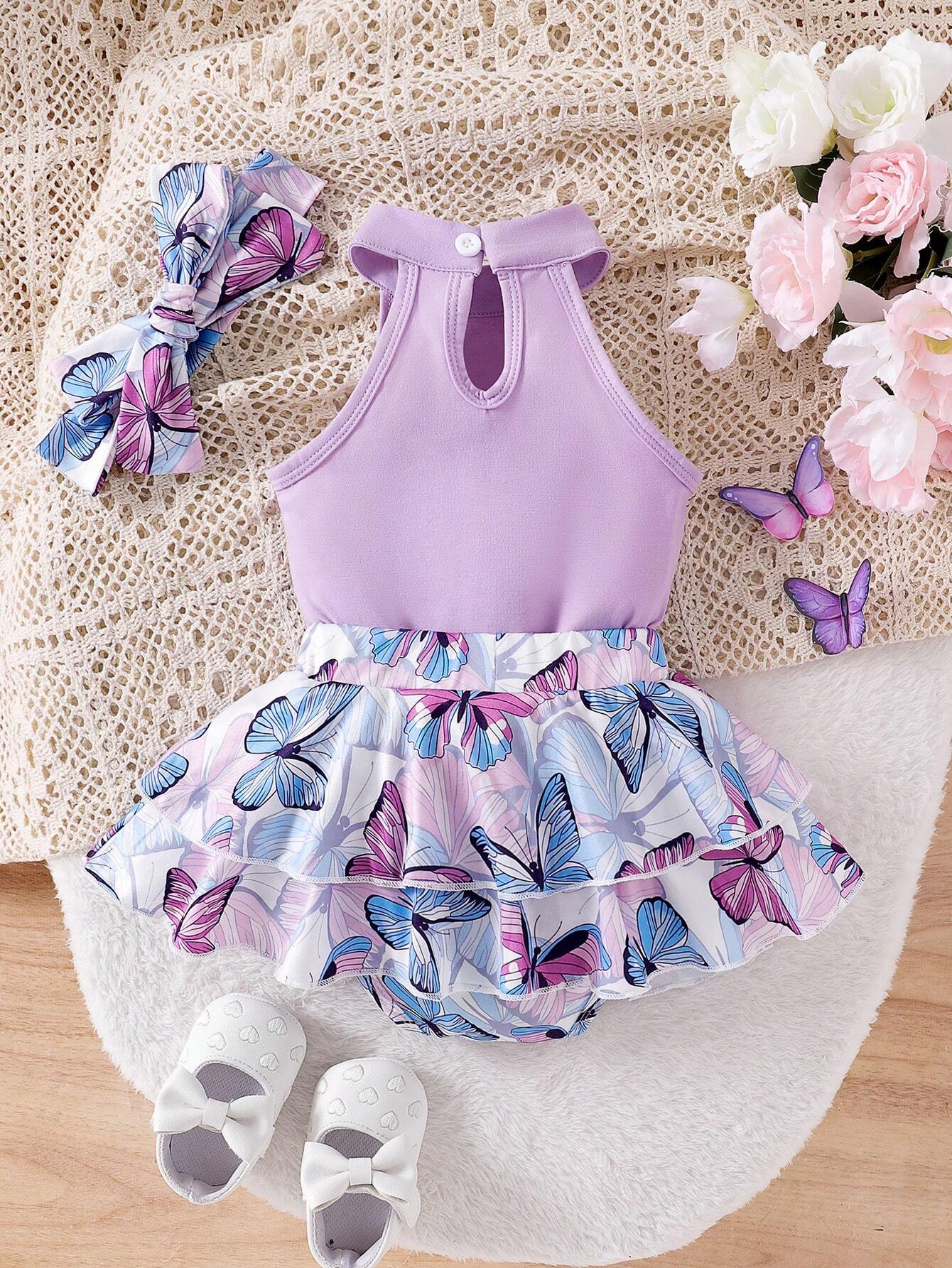 3pcs Girls Butterfly Print Halter Top & Tiered Skirt Set - Lavender...
