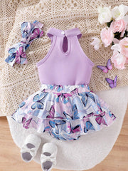 3pcs Girls Butterfly Print Halter Top & Tiered Skirt Set - Lavender...