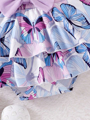 3pcs Girls Butterfly Print Halter Top & Tiered Skirt Set - Lavender...