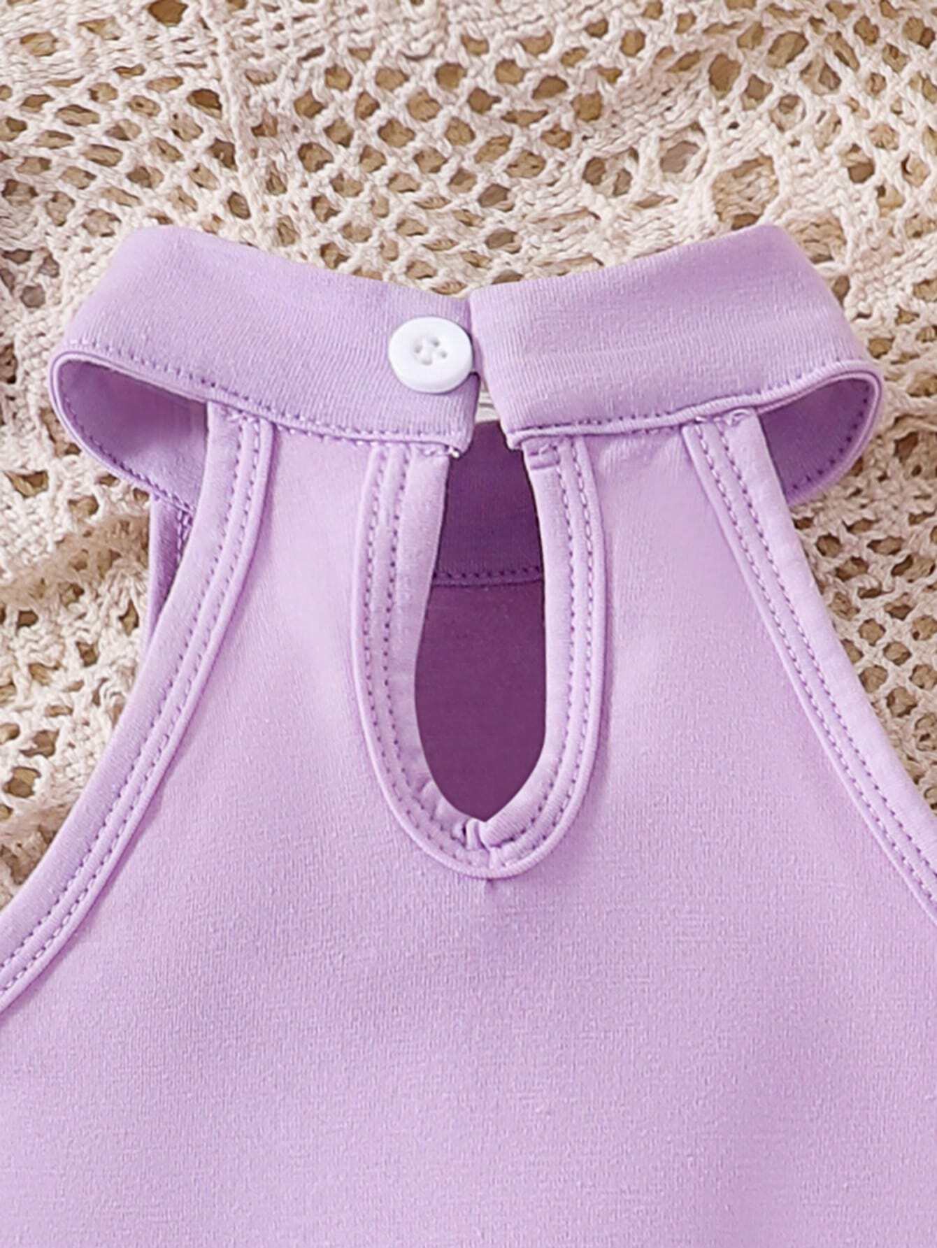 3pcs Girls Butterfly Print Halter Top & Tiered Skirt Set - Lavender...