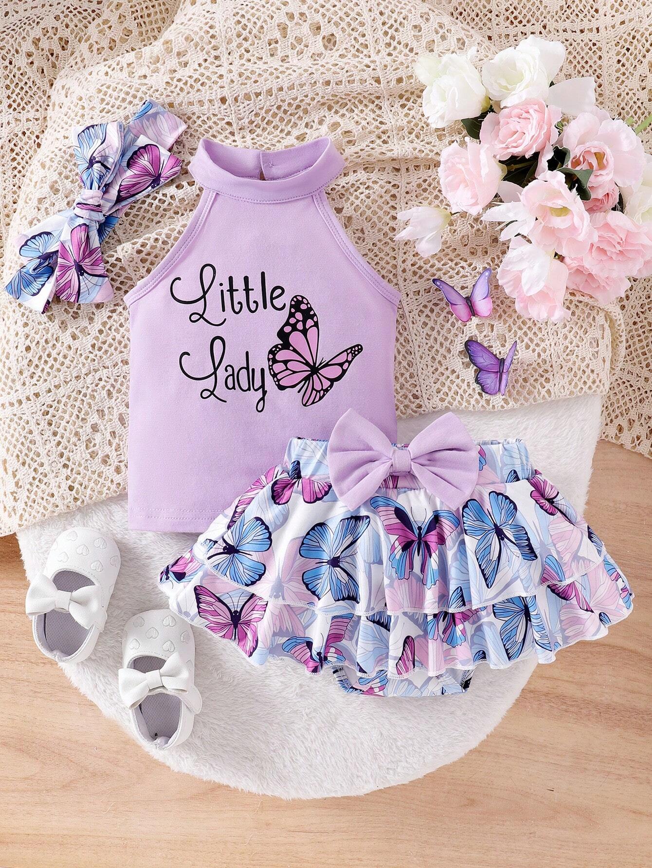 3pcs Girls Butterfly Print Halter Top & Tiered Skirt Set - Lavender...