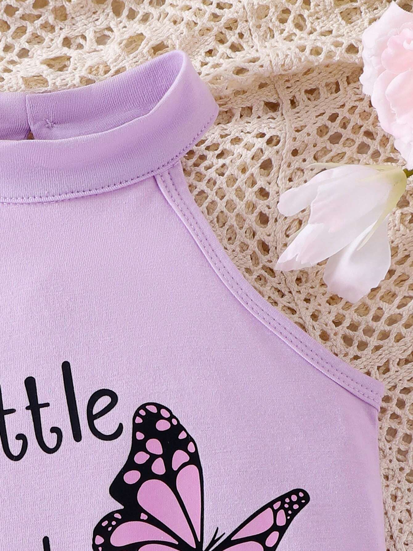 3pcs Girls Butterfly Print Halter Top & Tiered Skirt Set - Lavender...