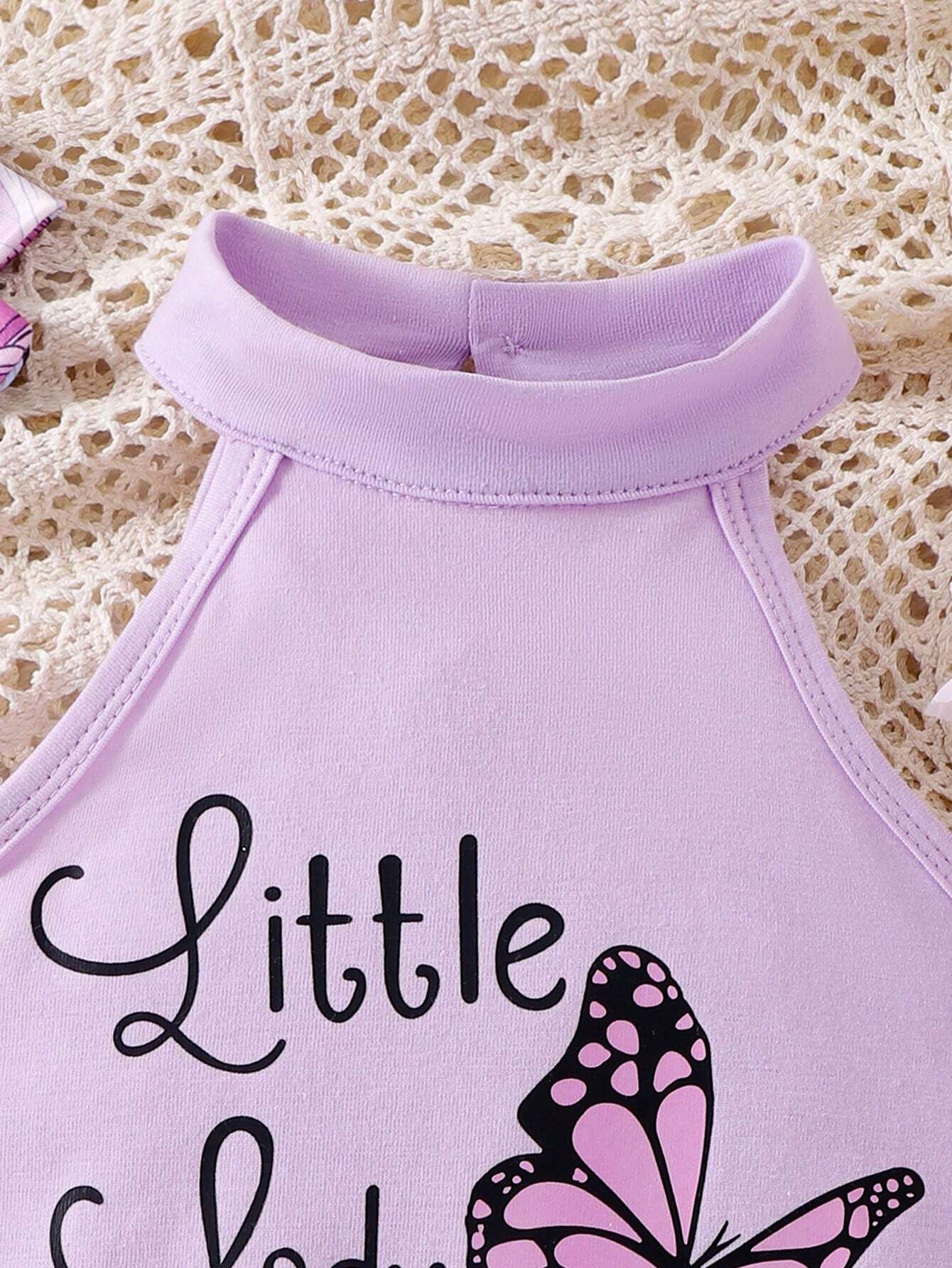 3pcs Girls Butterfly Print Halter Top & Tiered Skirt Set - Lavender...