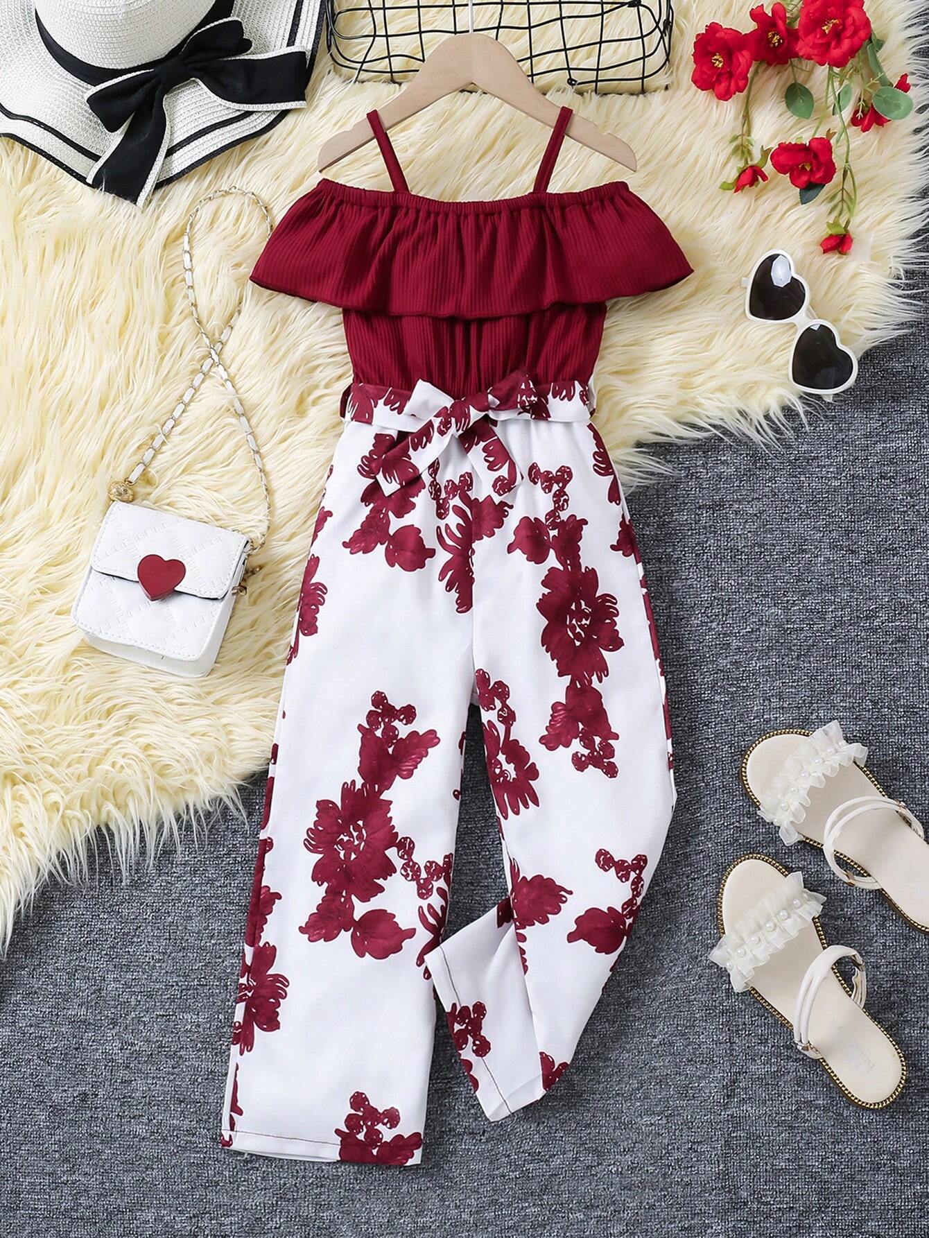 Little Girls Ruffle Cold-Shoulder Floral Jumpsuit - Crimson | 21 Ce...