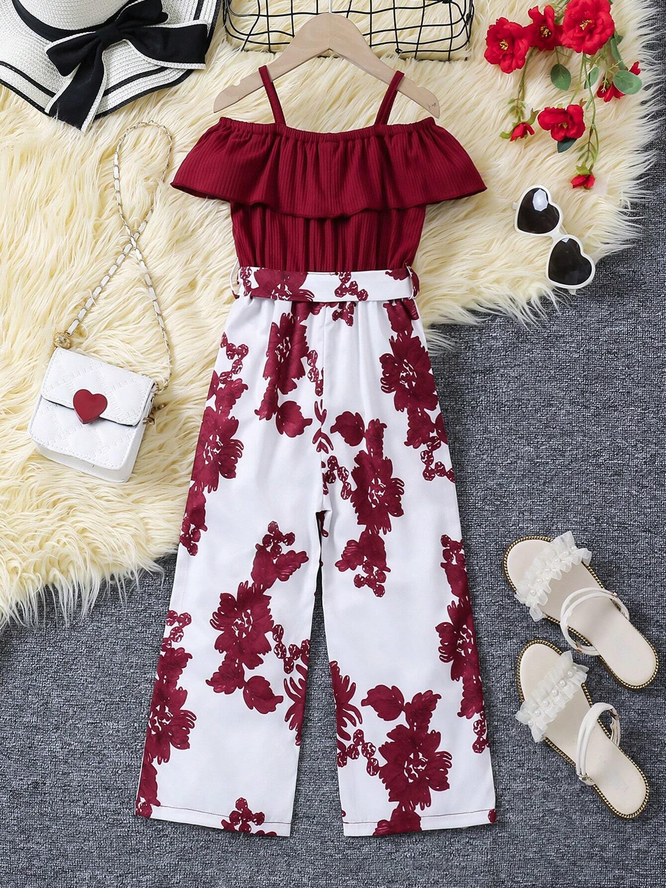 Little Girls Ruffle Cold-Shoulder Floral Jumpsuit - Crimson | 21 Ce...