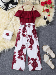 Little Girls Ruffle Cold-Shoulder Floral Jumpsuit - Crimson | 21 Ce...